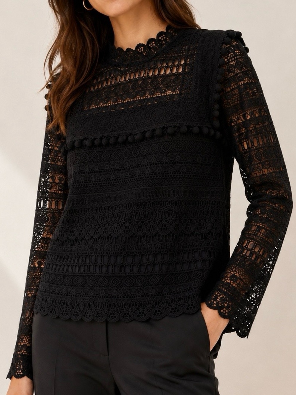 Maison Scotch Black Lace Crochet Long Sleeve Blouse – Size 1 (S)